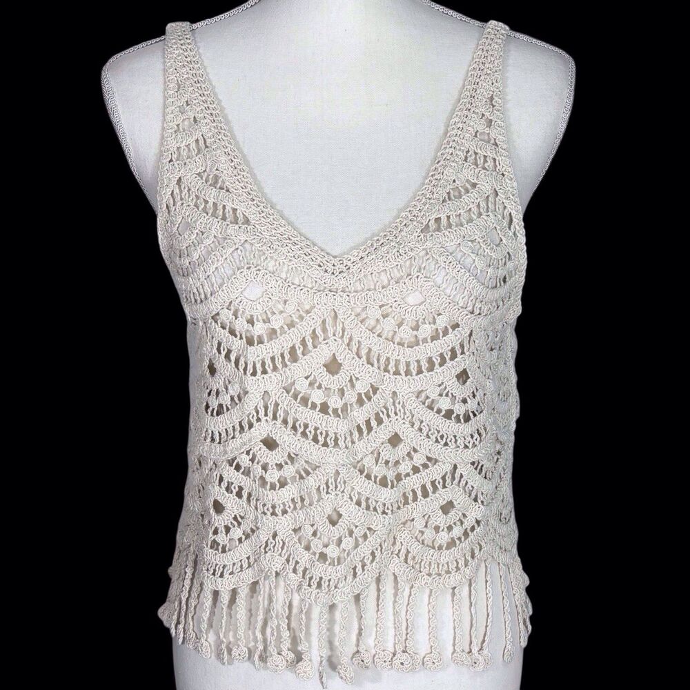 Boho Crocheted Fringed Tank Top Nali Collection Womens One Size Hippie NWT
